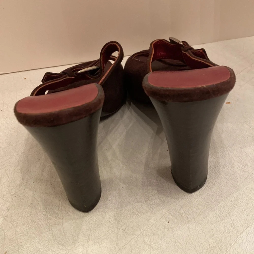 Yves Saint Laurent Brown Suede Vintage Square Toe Buckle Sandal Heel Pumps - Picture 5 of 13